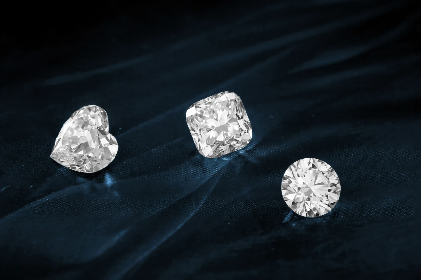 Drei exquisite Diamanten in Herz-, Kissen- und Rundschliff auf dunklem Stoff